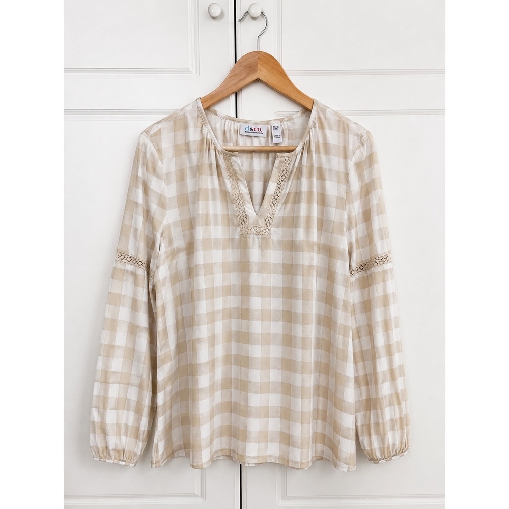 Denim & Co. Gingham Blouse With Crochet Trim Details Size Small Tan White